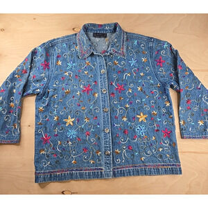 Life Styles womens sz L denim jacket w/ embroidered floral print button up Boho